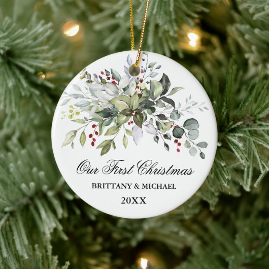 Unsere ersten Weihnachten Wasserfarben Grünpflanze Keramik Ornament (Baum)