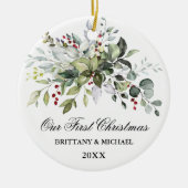 Unsere ersten Weihnachten Wasserfarben Grünpflanze Keramik Ornament (Vorne)