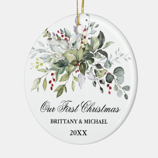 Unsere ersten Weihnachten Wasserfarben Grünpflanze Keramik Ornament (Links)