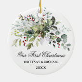 Unsere ersten Weihnachten Wasserfarben Grünpflanze Keramik Ornament (Hinten)