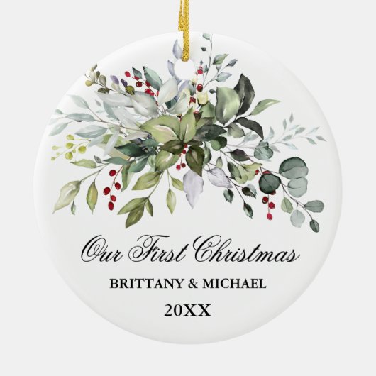 Unsere ersten Weihnachten Wasserfarben Grünpflanze Keramik Ornament (Hinten)