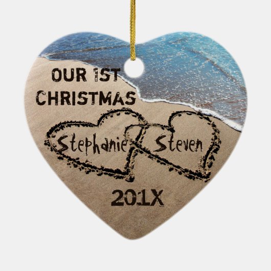 Unsere ersten Weihnachten zwei Herzen in Sand Orna Keramikornament (Hinten)