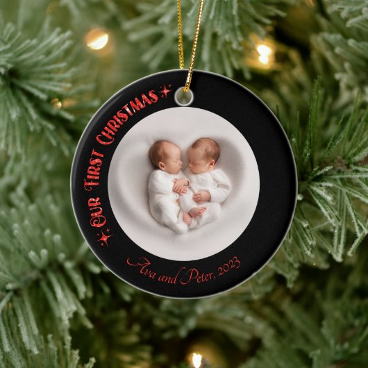 Unsere ersten Weihnachts-Twins Foto Name Custom Bl Keramik Ornament (Baum)