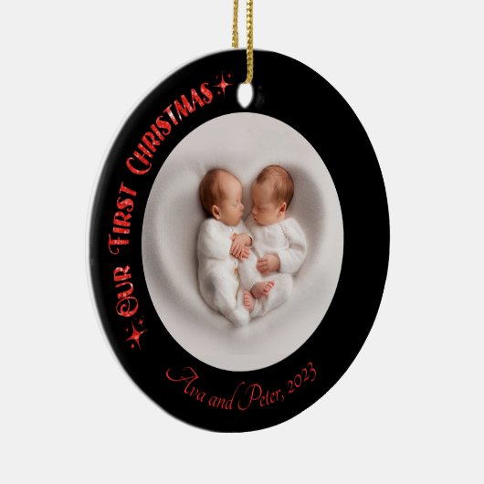 Unsere ersten Weihnachts-Twins Foto Name Custom Bl Keramik Ornament (Rechts)