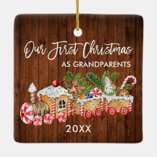 Unsere ersten Weihnachtsgroßeltern Gingerbread Zug Keramikornament (Rückseite)