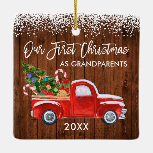 Unsere ersten Weihnachtsgroßeltern Waldschneewagen Keramikornament (Rückseite)