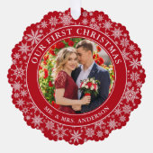 Unsere ersten Weihnachtskuchen Foto Snowflakes Rot Ornament Karte (Vorderseite)