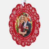 Unsere ersten Weihnachtskuchen Foto Snowflakes Rot Ornament Karte (Links)