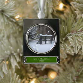 Unsere ersten Weihnachtssnowy Trees Footprints Banner-Ornament Silber