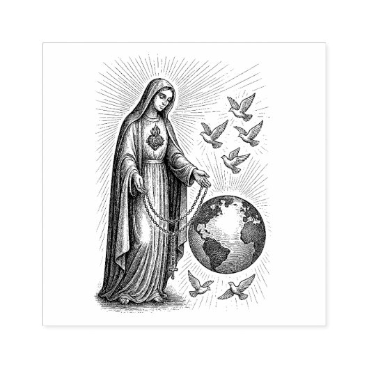 Unsere Frau von Fatima mit Rosenkranz und der Welt Gummistempel (Prägung)