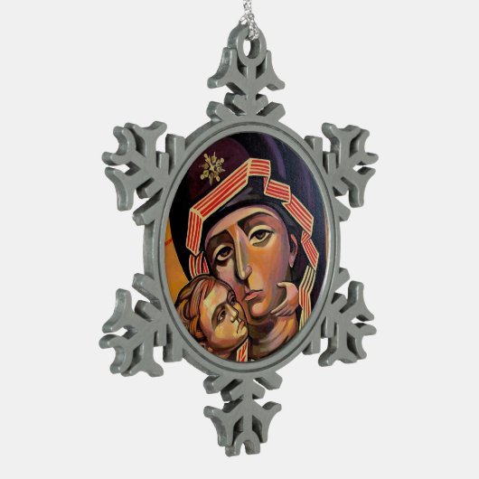 Unsere heilige Mutter Mary Theotokos Schneeflocken Zinn-Ornament (Links)