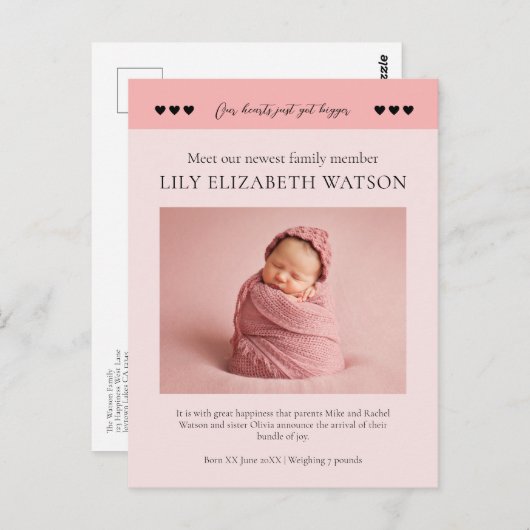 Unsere Herzen got größer, Baby Birth Announcement Postkarte (Vorne/Hinten)