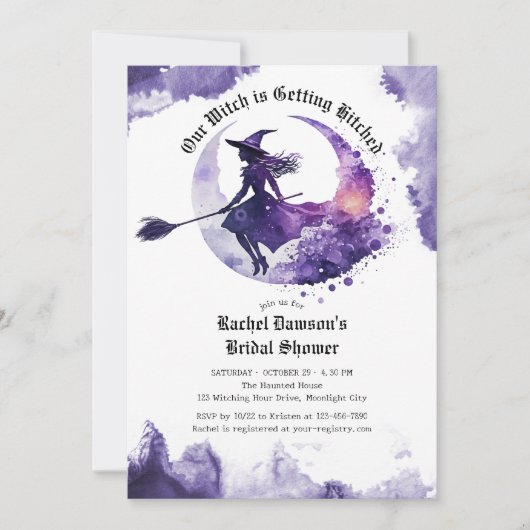 Unsere Hexe wird Lila Brautparty ersticken Einladung (Vorderseite)