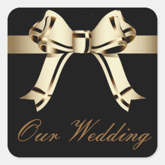 "Unsere Hochzeit" - Bold Sepia/Gold Bow und Ribbon Quadratischer Aufkleber