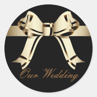 "Unsere Hochzeit" - Bold Sepia/Gold Bow und Ribbon Runder Aufkleber
