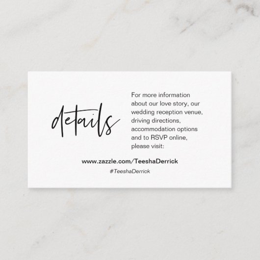 Unsere Hochzeitsdetails, moderne Kalligraphie Begleitkarte (Vorderseite)