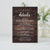 Unsere Hochzeitsdetails, rustikales dunkles Holz a Begleitkarte (Stehend Vorderseite)