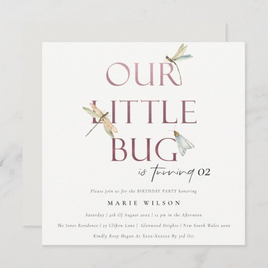 Unsere kleine Bug Pink Dragonfly jedes Alter Gebur Einladung (Vorne/Hinten)