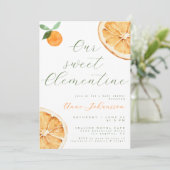 Unsere kleine Clementine Elegant Script Baby Showe Einladung (Stehend Vorderseite)