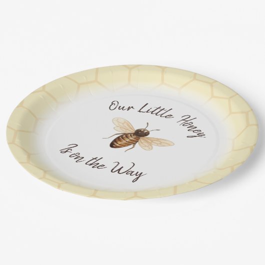 Unsere kleine Honey Baby Dusche Pappteller (Schrägansicht)