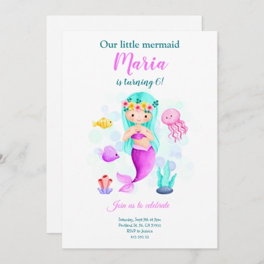Unsere kleine Meerjungfrau zum Geburtstag Einladung (Vorne/Hinten)