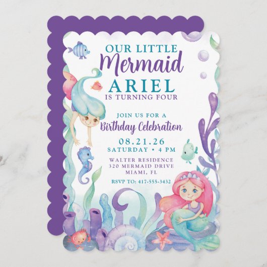 Unsere kleine Meerjungfrau zum Geburtstag Einladung (Vorne/Hinten)