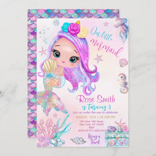 Unsere kleine Meerjungfrau zum Geburtstag Einladung (Vorne/Hinten)
