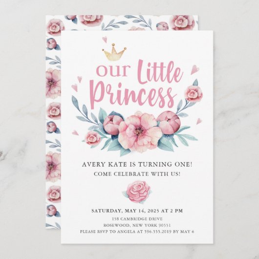 Unsere kleine Prinzessin Geburtstagsparty Einladung (Vorne/Hinten)