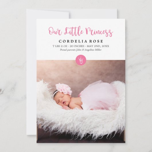 Unsere kleine Prinzessin Pink Baby-Ankündigung Ankündigung (Vorderseite)