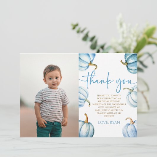 Unsere kleine Pumpkin Blue Picture Birthday Party Dankeskarte (Stehend Vorderseite)