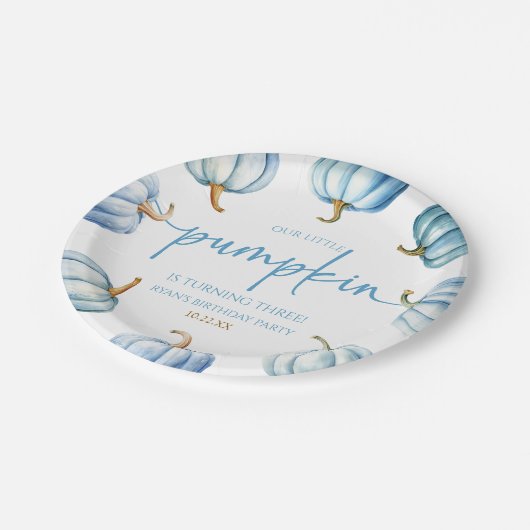 Unsere kleine Pumpkin Blue White Fall Birthday Par Pappteller (Schrägansicht)