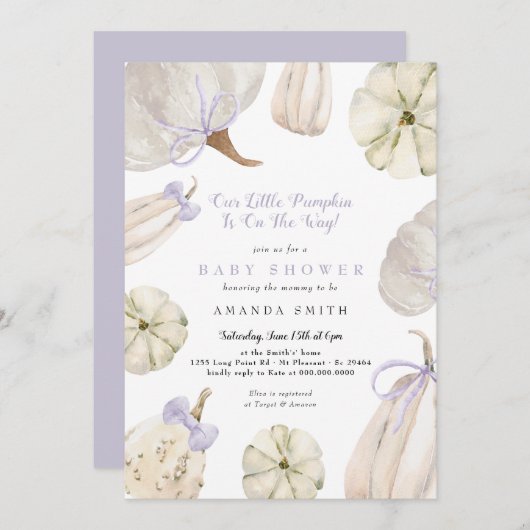 Unsere kleine Pumpkin Lila Bow Rustic Baby Dusche Einladung (Vorne/Hinten)