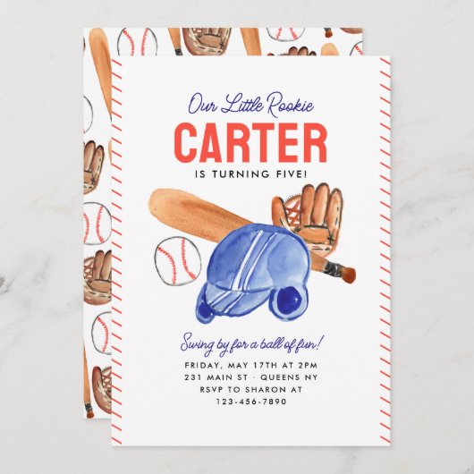 Unsere kleine Rookie Helmet Bat Baseball Geburtsta Einladung (Vorne/Hinten)
