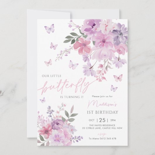 Unsere kleine Schmetterlingsflora Lila 1. Geburtst Einladung (Vorderseite)