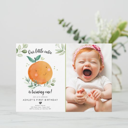 Unsere kleine Süsse Clementine Orange Erster Gebur Einladung (Stehend Vorderseite)