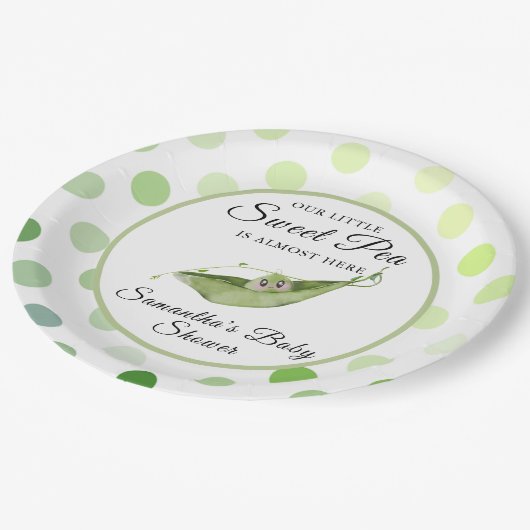 Unsere kleine süße Erbse ist fast hier Dusche Pappteller (Schrägansicht)