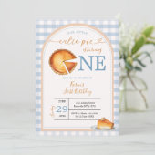 Unsere kleine Süsse Pie Blue Gingham First Birthda Einladung (Stehend Vorderseite)