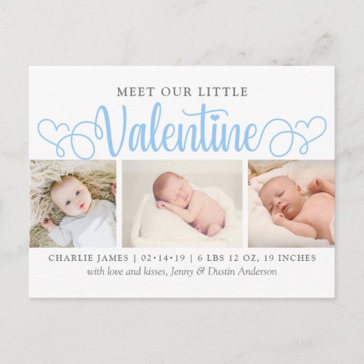 Unsere kleine Valentine 3 Foto Geburtserklärung Ankündigungspostkarte (Vorderseite)
