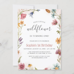 Unsere kleine Wildblume 1. Baby Girl Geburtstag Einladung