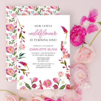 Unsere kleine Wildblume 1. Geburtstag Pink Floral Einladung