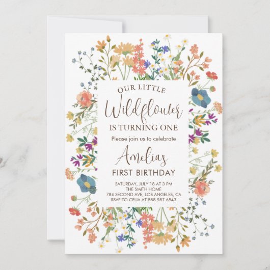 Unsere kleine Wildblume Girl First Birthday Party Einladung (Vorderseite)