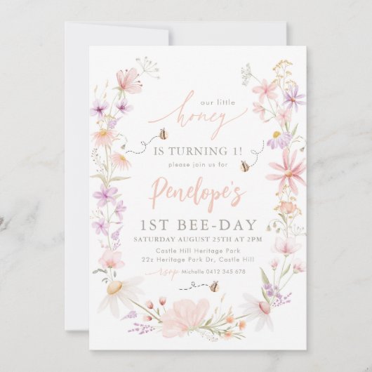 Unsere kleinen Honig Wildblume Bee Girls 1. Geburt Einladung (Vorderseite)