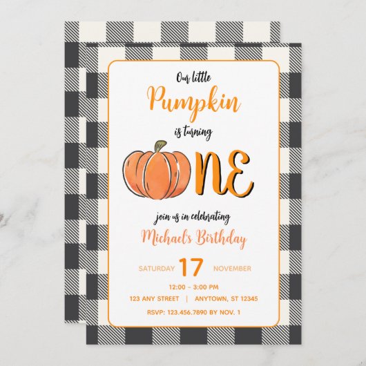 Unsere kleinen Pumpkin Fall Flannel Boys Geburtsta Einladung (Vorne/Hinten)