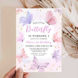 Unsere kleinen Schmetterling-Rosa-Mädchen zum Gebu Einladung