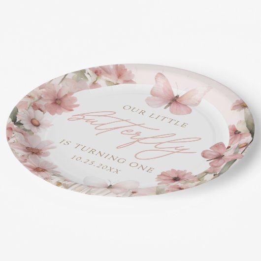Unsere kleinen Schmetterling-Rosa-Mädchen zum Gebu Pappteller (Schrägansicht)