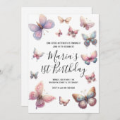 Unsere kleinen Schmetterlingsmädchen pink zum Gebu Einladung (Vorne/Hinten)