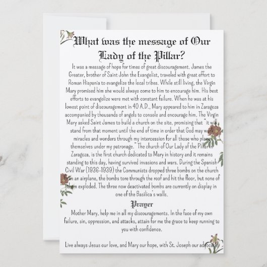 Unsere Lady of the Pillar Prayer Card Einladung (Rückseite)