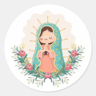 Unsere Liebe Frau von Guadalupe mit Blumen im Kawa Runder Aufkleber