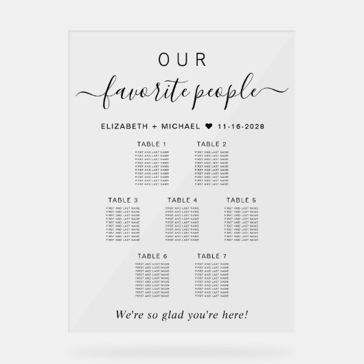 Unsere Lieblings-Leute Hochzeiten von 7 Tischen Acrylschild (Vorderseite)