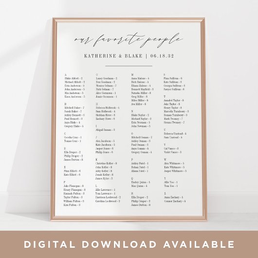 Unsere Lieblingsmenschen | Alphabetische Sitztabel Poster